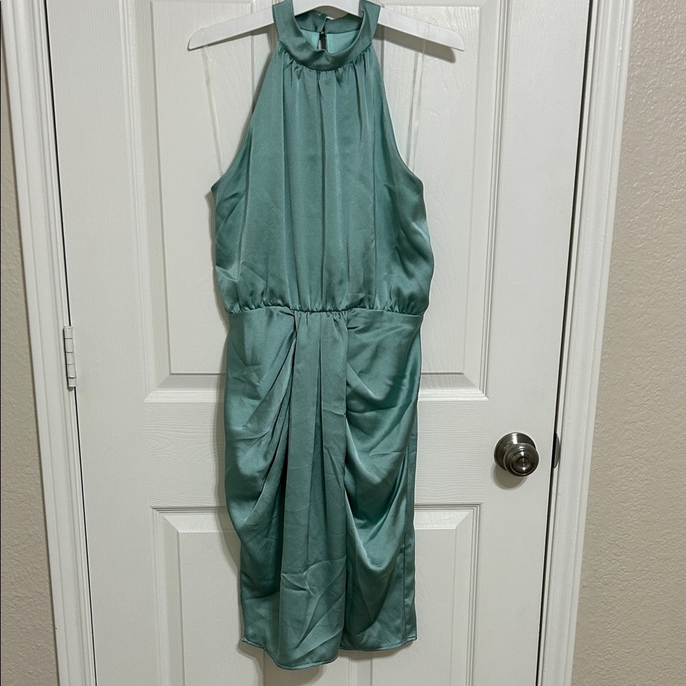 SOlD
Versona Teal Satin Halter Ruched Mini Dress